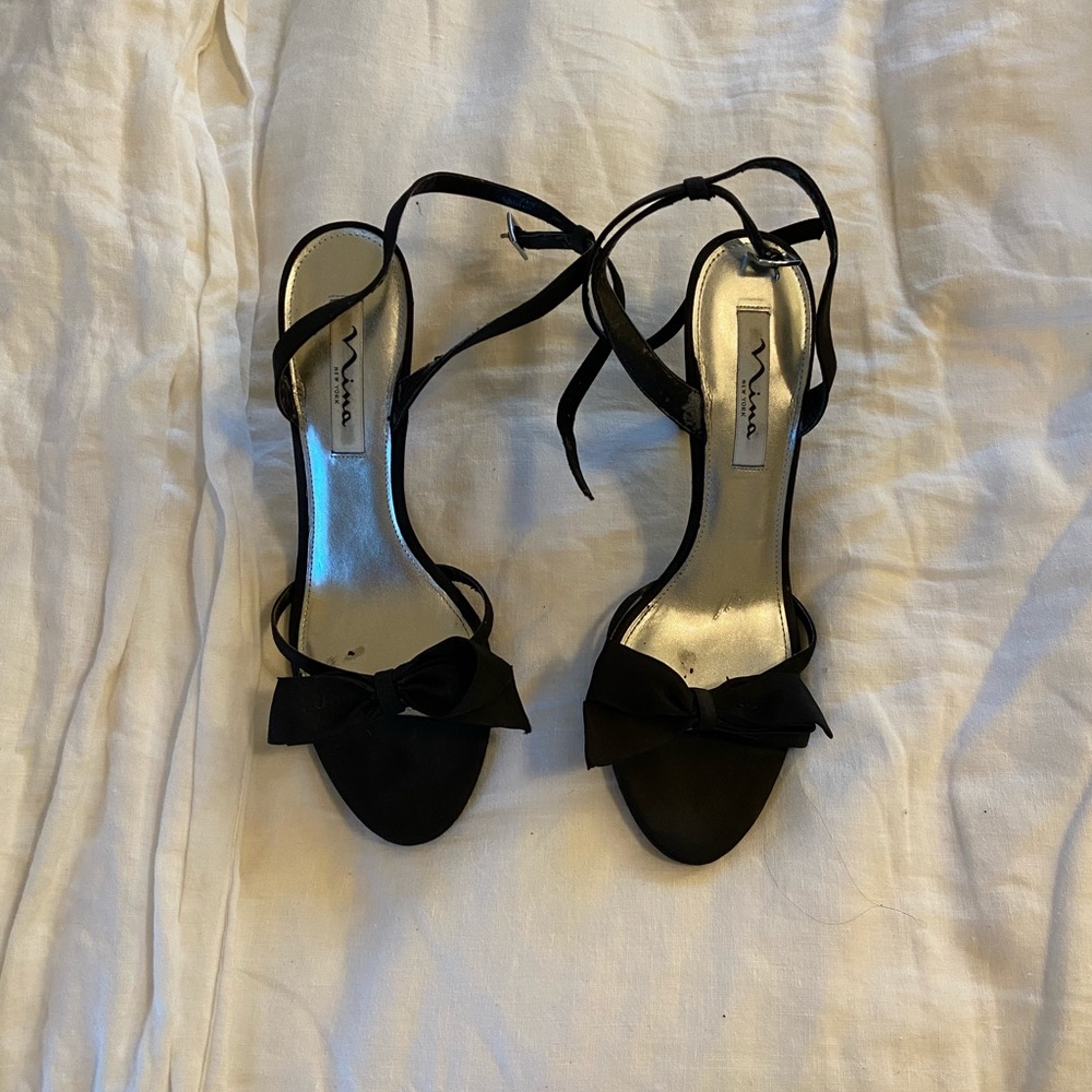 Nina Black Strappy 3” Heels with Bow Detail